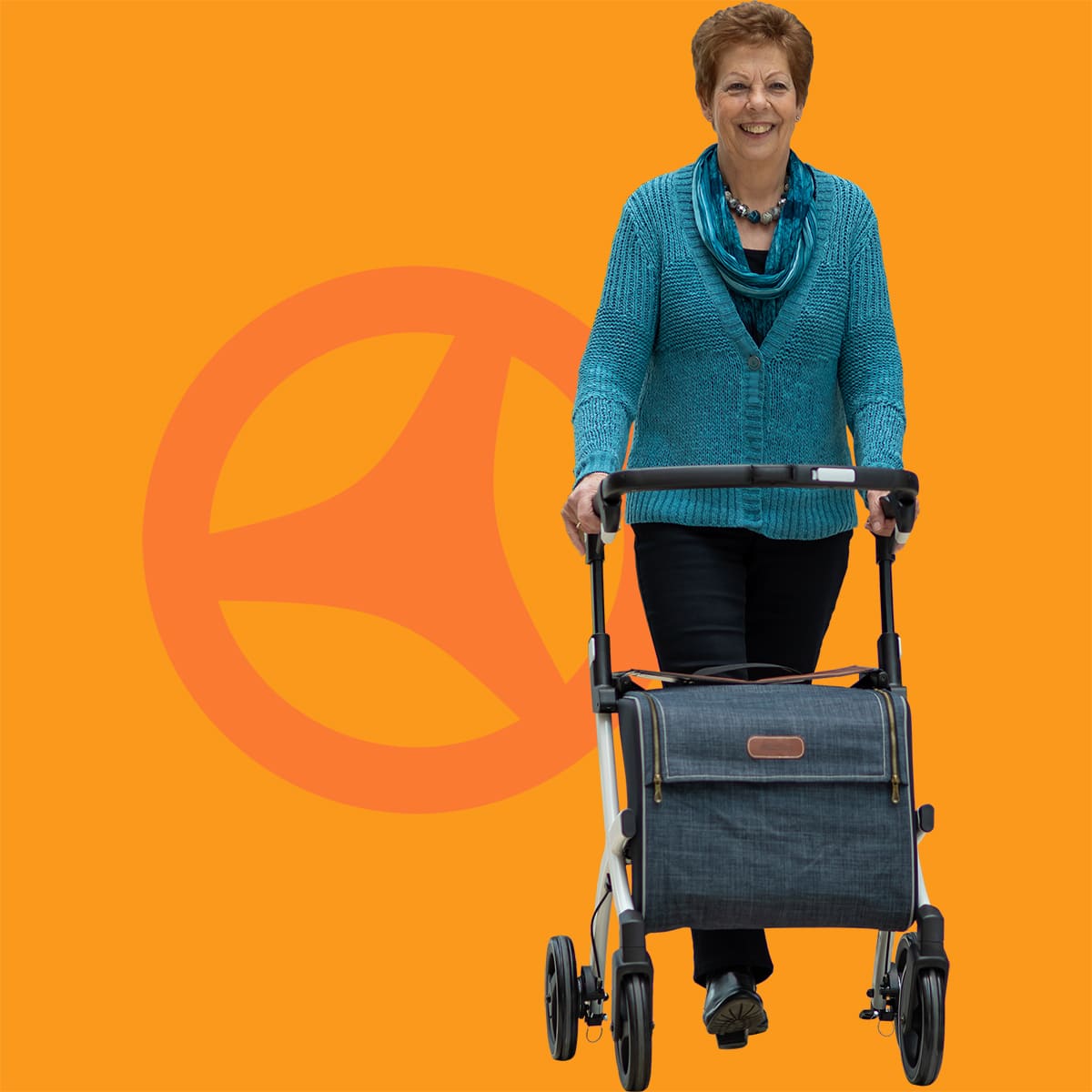 Woman walking with a Rollz Flex rollator with big shopping bag