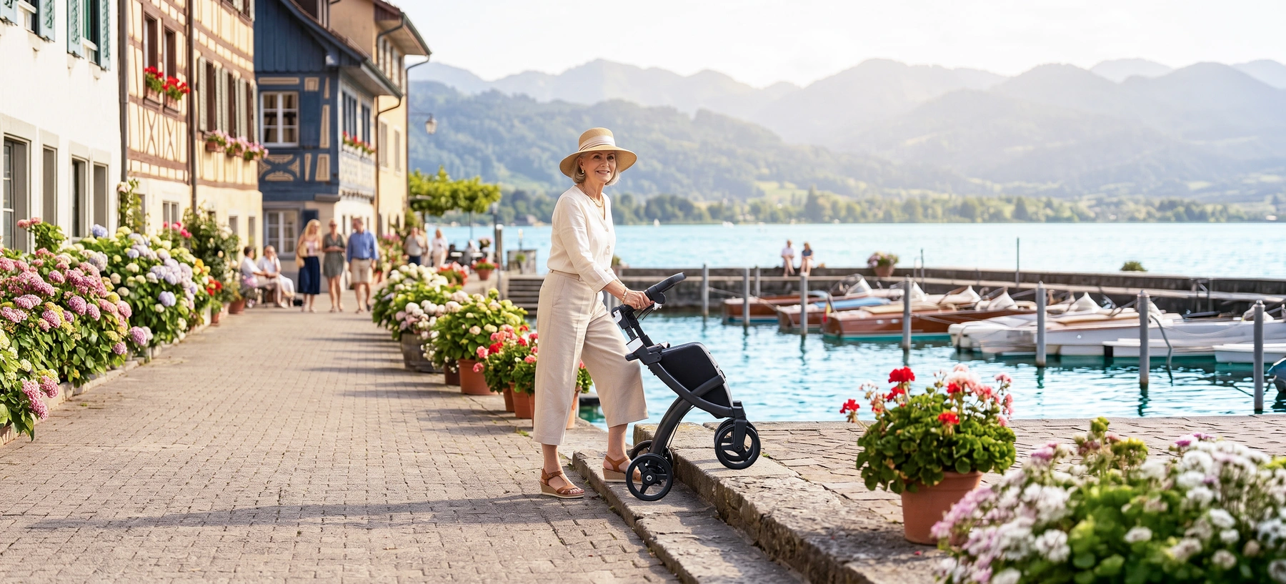 A woman climbing a curb with her Rollz Flex walker in a sunny village near a harbour