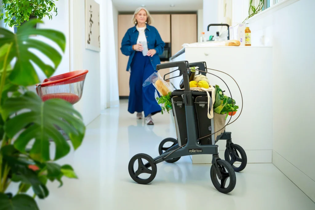Rollz Flow rollator with premium bags filled with groceries