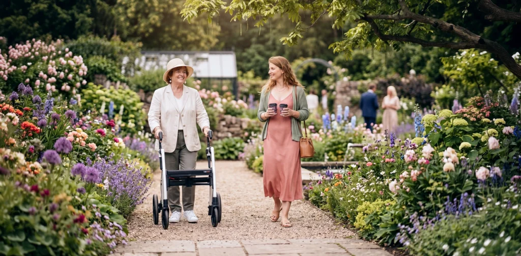 A mother and daughter walking through a flower garden with a Rollz Motion rollator
